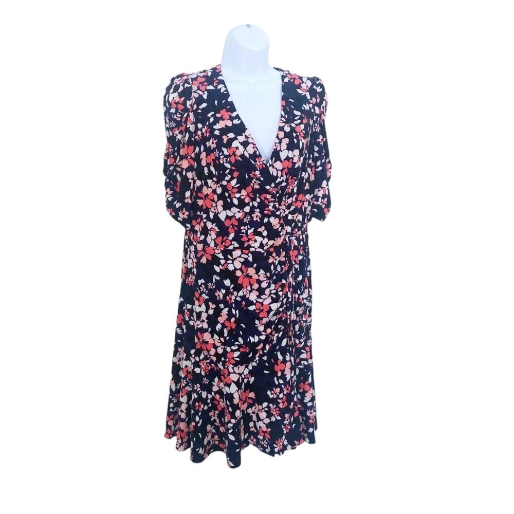 Vince Camuto Dress Women Size 4 Navy Pink Floral Multicolor‎ Fit Flare Ruching